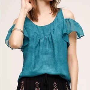 Anthropologie Maeve Tavin Open Cold Shoulder Blouse Turquoise Blue Size 6